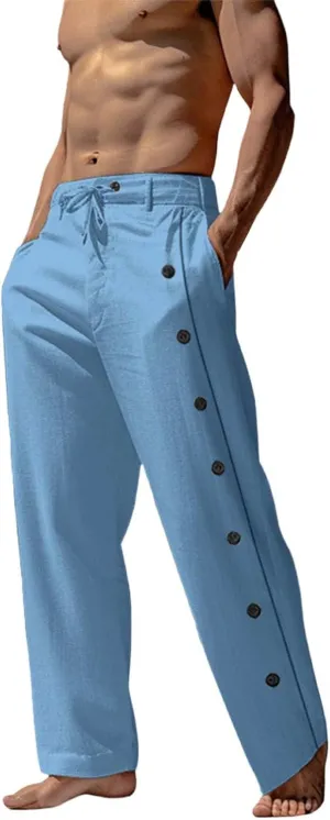 Mens Tailored Wide Leg Pants Linen Beach Summer Pants Elastic Waist Drawstring Casual Loose Yoga Hawaiian Trousers