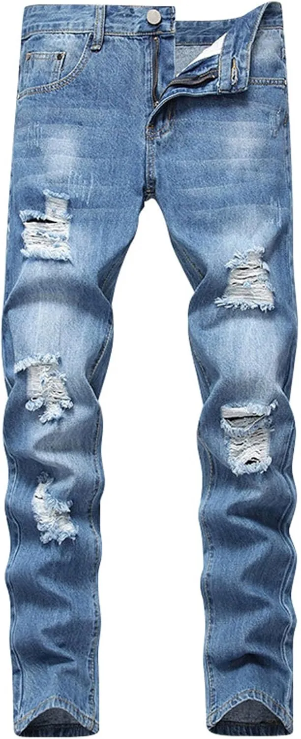 Mens Trend Ripped Jeans Distressed Hipster Street Straight Leg Plus Size Denim Pants Relaxed Fit Stretch Skinny Classic Jean