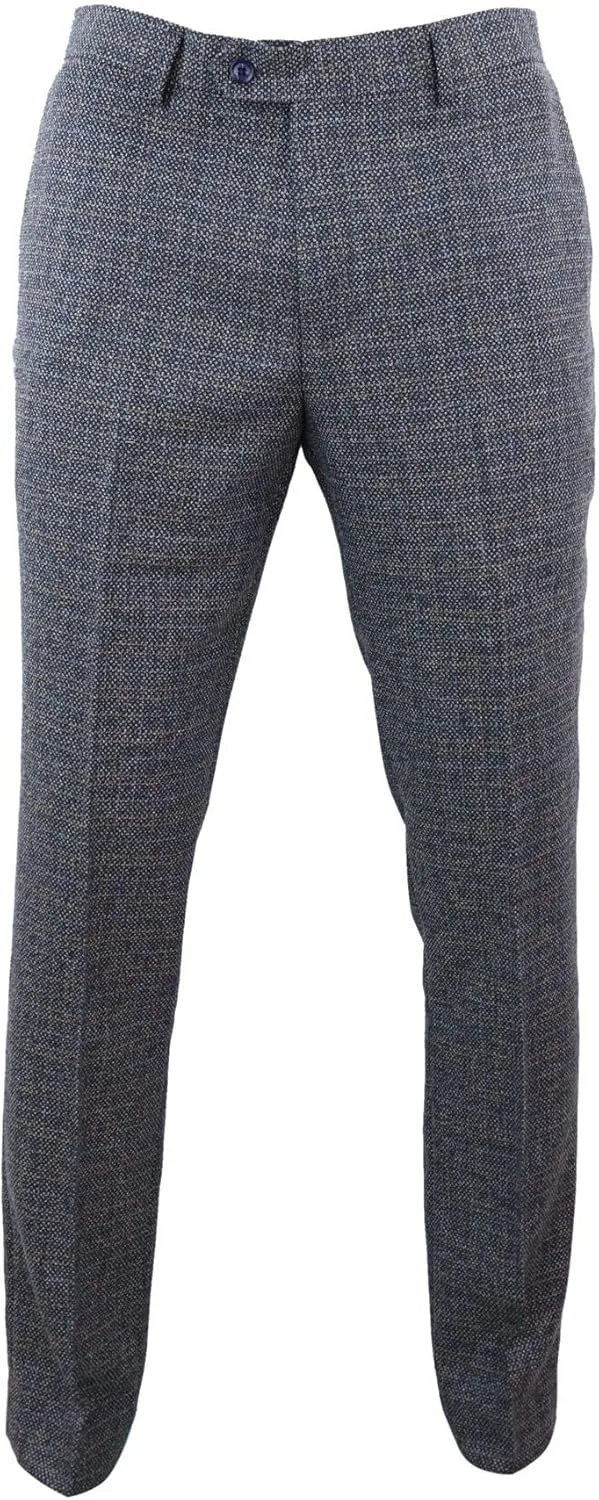 Mens Tweed Check Vintage Retro Tailored Fit 1920s Trousers Blue