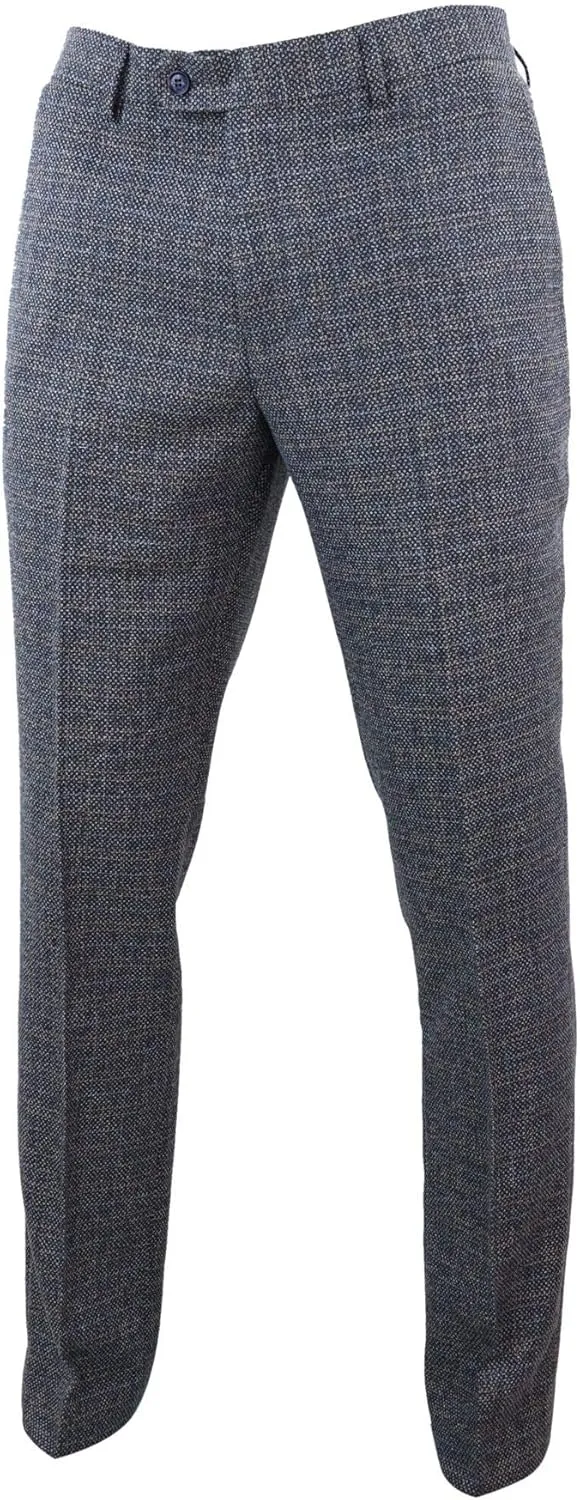 Mens Tweed Check Vintage Retro Tailored Fit 1920s Trousers Blue