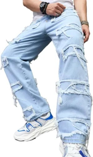 Men's Washed Baggy Denim Pants Patchwork Loose-Fit Men Jeans Distressed Straight Carpenter Jeans Trousers