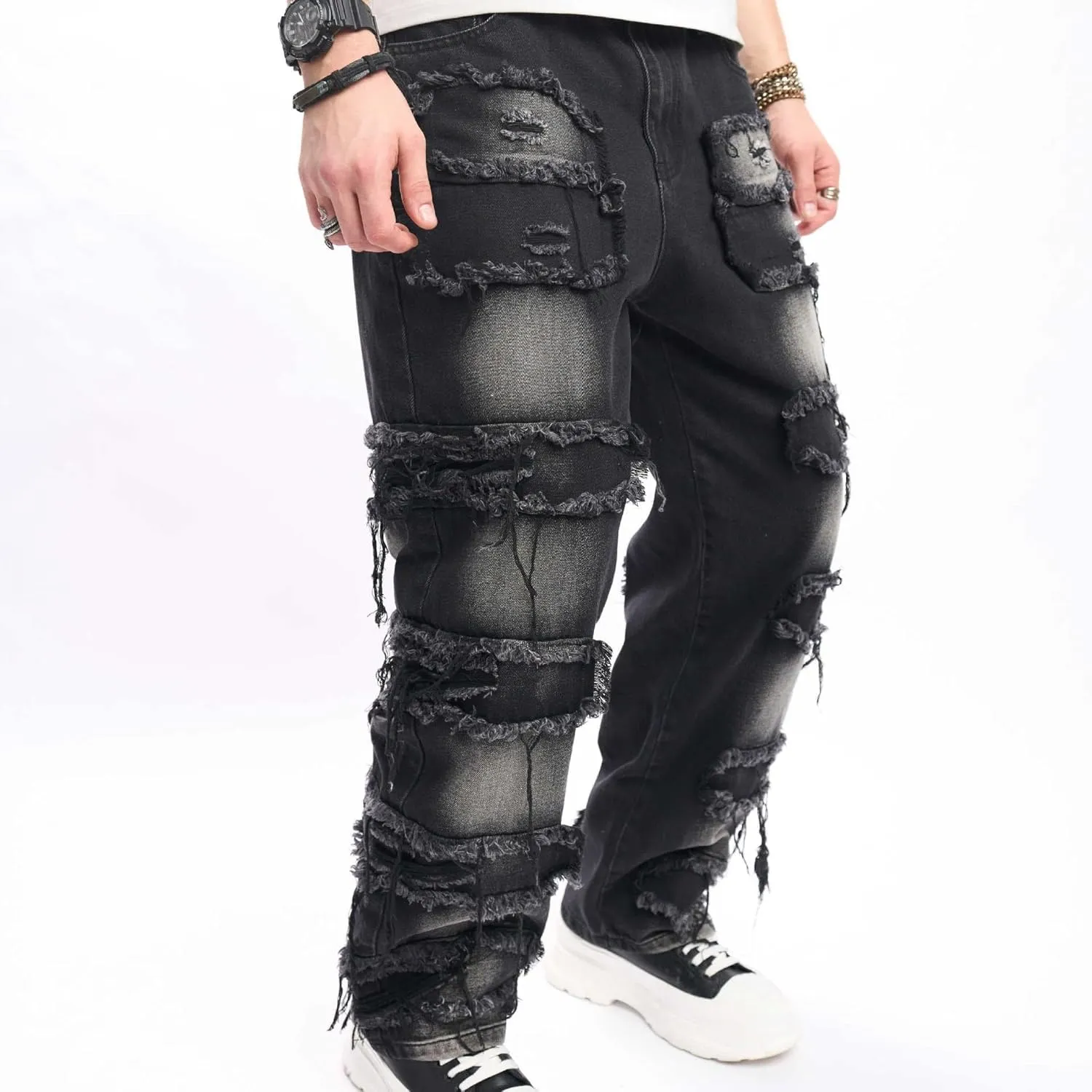 Men's Washed Baggy Denim Pants Patchwork Loose-Fit Men Jeans Distressed Straight Carpenter Jeans Trousers