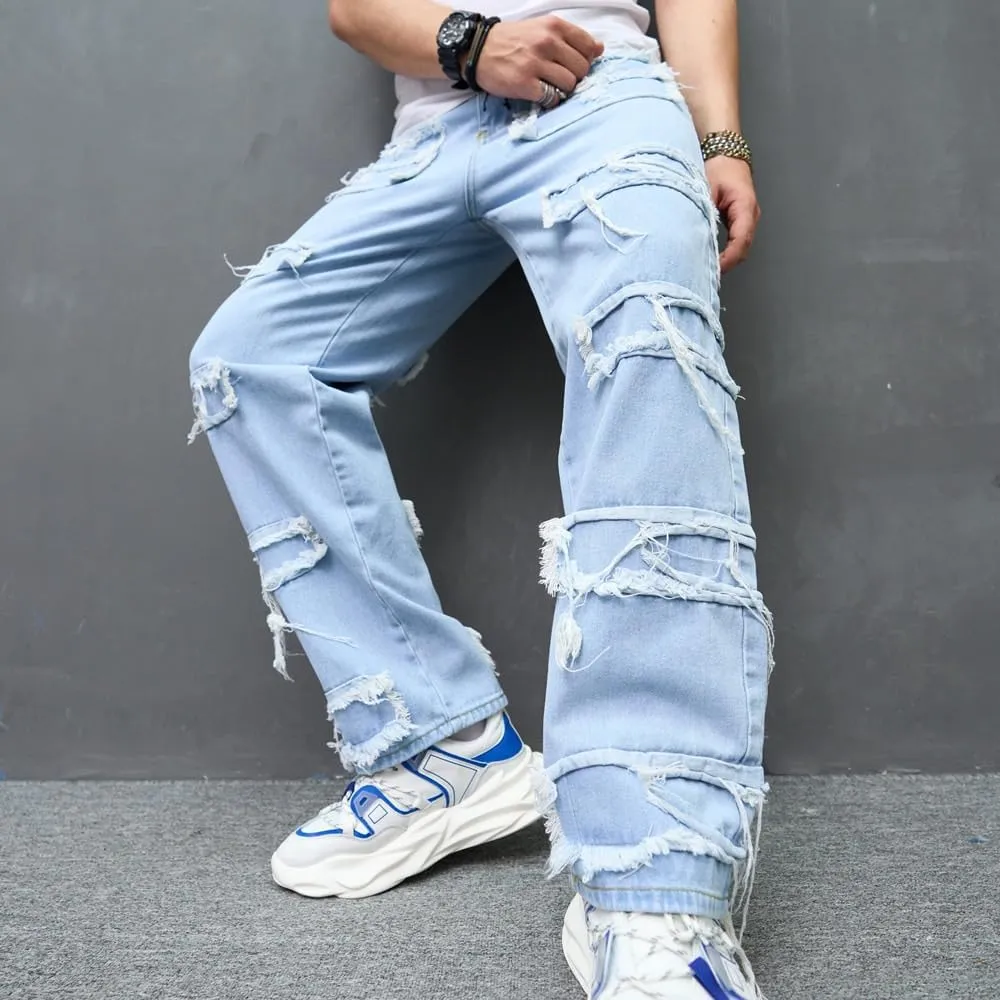 Men's Washed Baggy Denim Pants Patchwork Loose-Fit Men Jeans Distressed Straight Carpenter Jeans Trousers