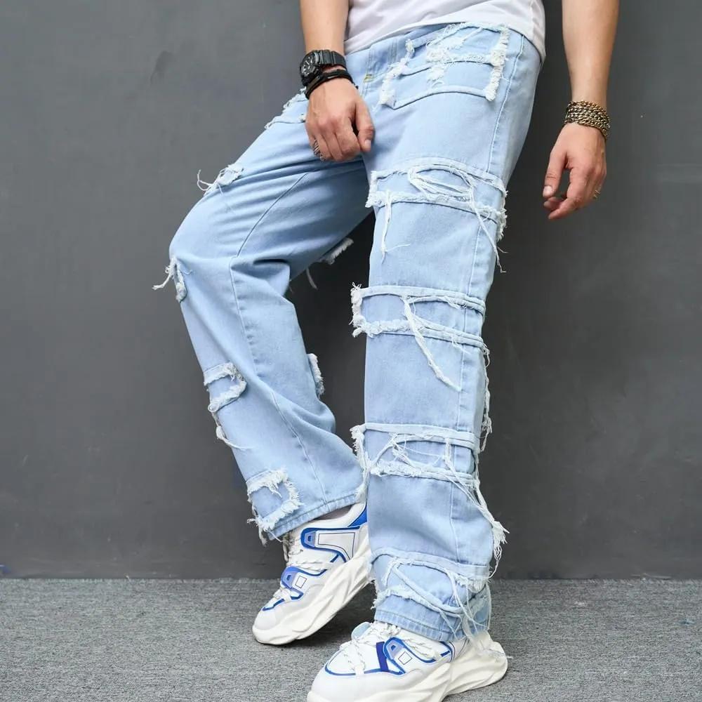 Men's Washed Baggy Denim Pants Patchwork Loose-Fit Men Jeans Distressed Straight Carpenter Jeans Trousers