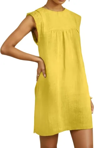 Mini Dresses for Women Summer Cotton Linen A Line Dress Casual Business Short Dress Comfy T Shirt Sundresses Pockets