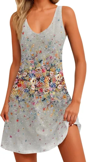 Mini Dresses for Women V Neck Floral Print Tank Dresses Sleeveless Sundresses Swing Beach Dress Beach Cover Ups