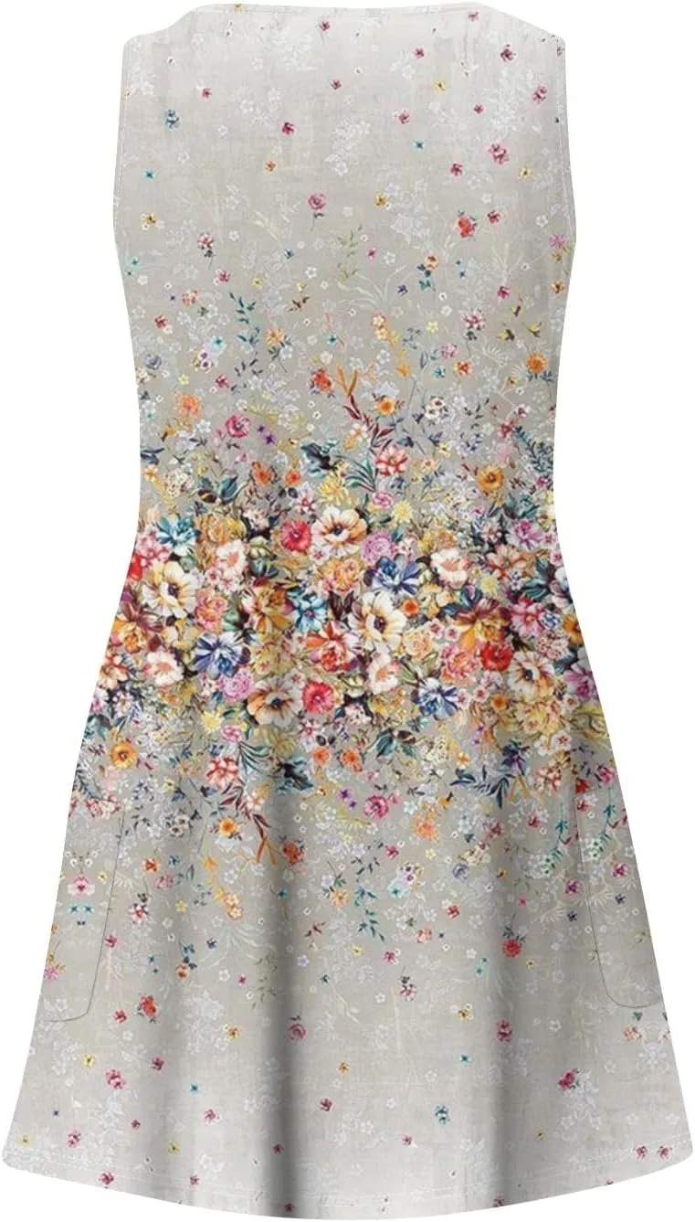 Mini Dresses for Women V Neck Floral Print Tank Dresses Sleeveless Sundresses Swing Beach Dress Beach Cover Ups