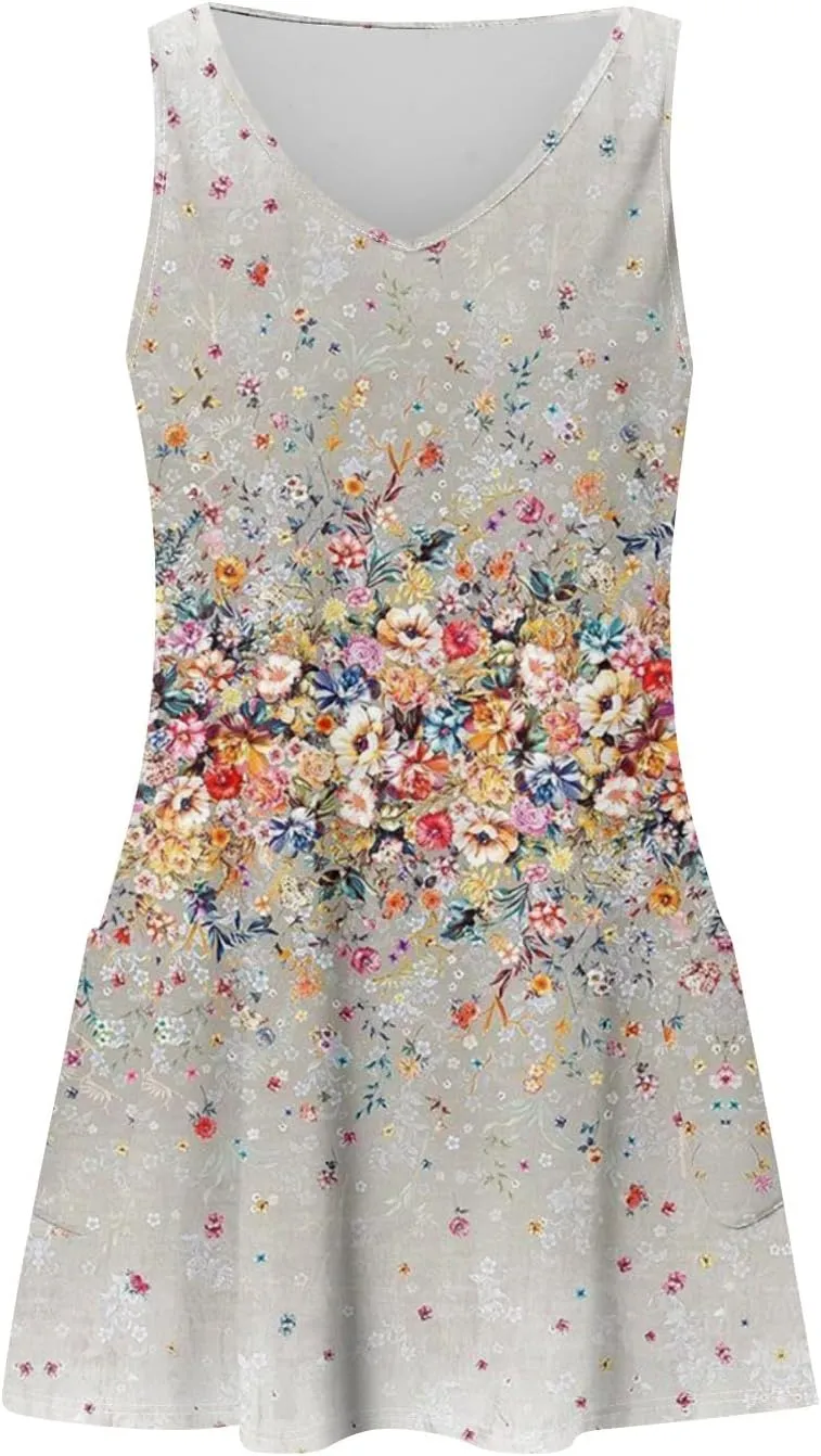 Mini Dresses for Women V Neck Floral Print Tank Dresses Sleeveless Sundresses Swing Beach Dress Beach Cover Ups