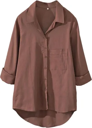 Minibee Women's Long Sleeve Shirts Button Down Blouse Cotton Tunic High Low Tops
