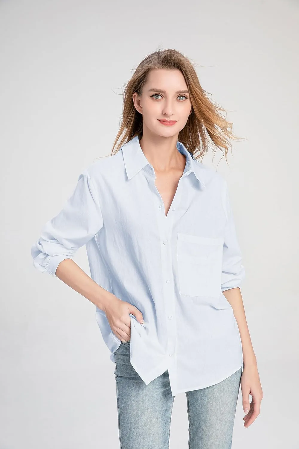 Minibee Women's Long Sleeve Shirts Button Down Blouse Cotton Tunic High Low Tops
