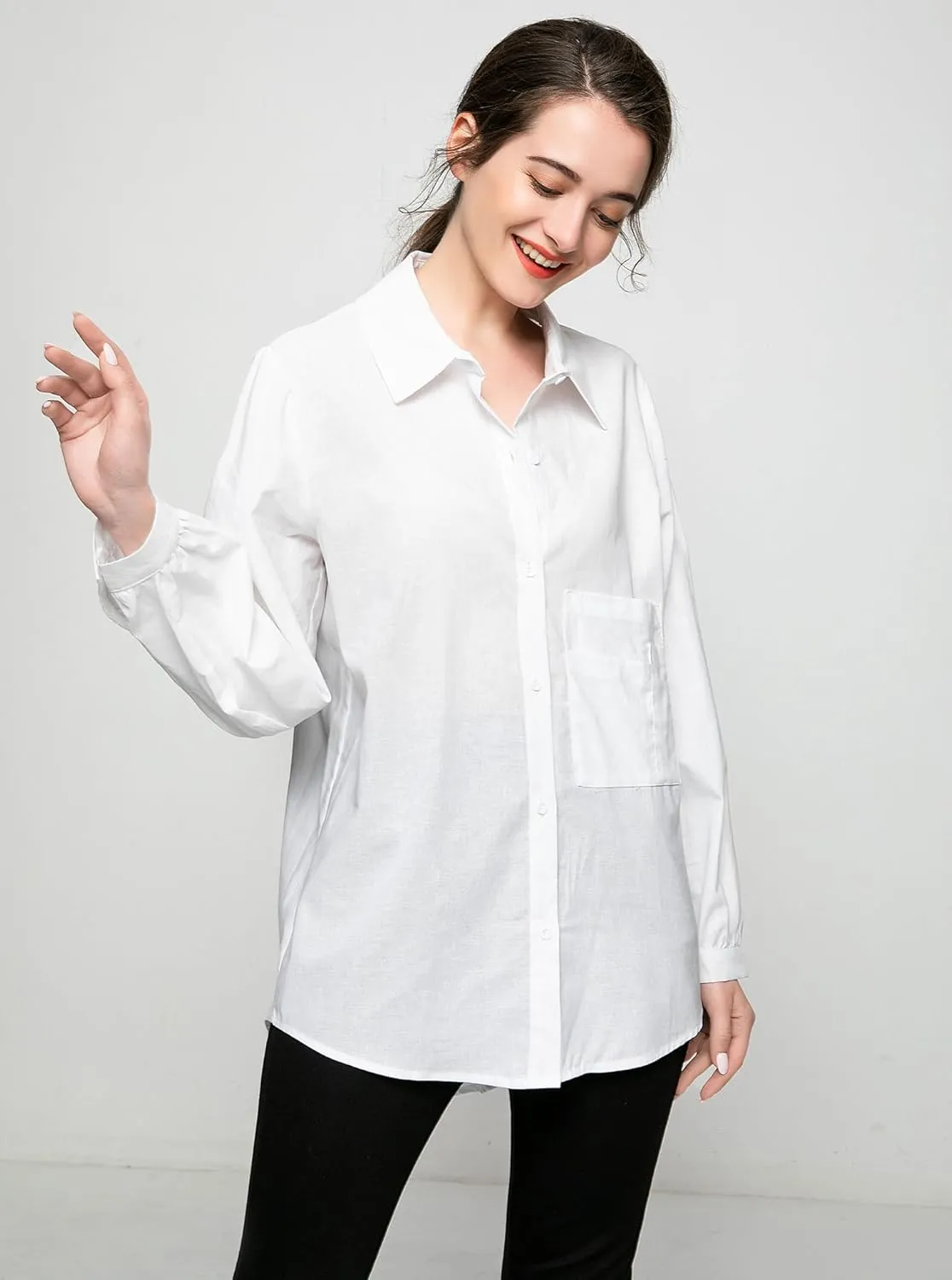 Minibee Women's Long Sleeve Shirts Button Down Blouse Cotton Tunic High Low Tops