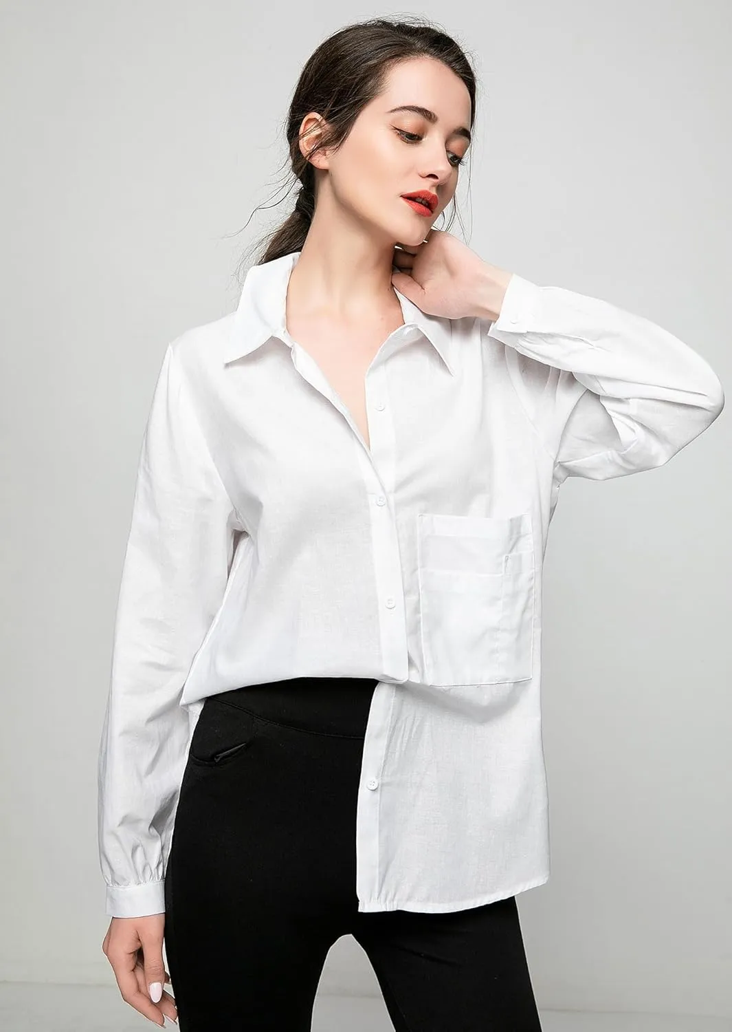 Minibee Women's Long Sleeve Shirts Button Down Blouse Cotton Tunic High Low Tops