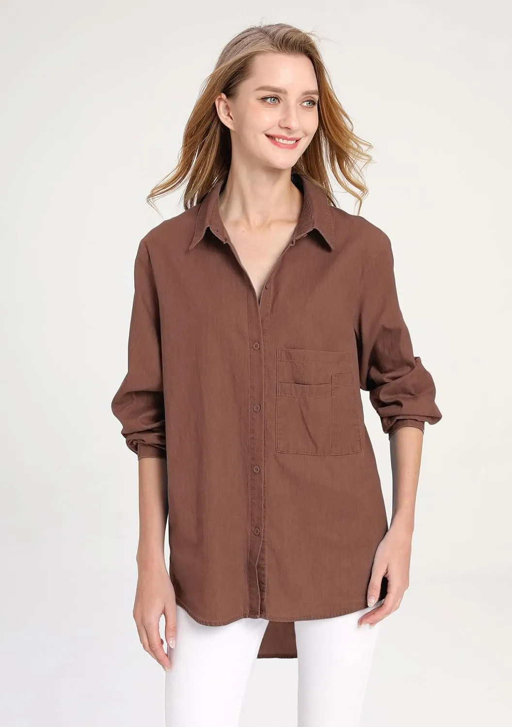 Minibee Women's Long Sleeve Shirts Button Down Blouse Cotton Tunic High Low Tops