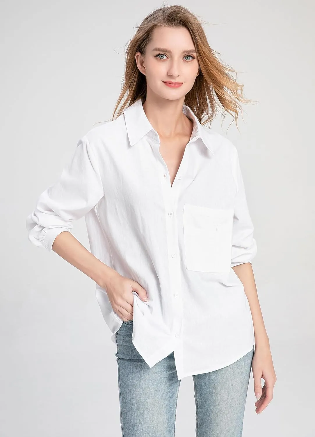 Minibee Women's Long Sleeve Shirts Button Down Blouse Cotton Tunic High Low Tops