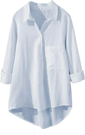 Minibee Women's Long Sleeve Shirts Button Down Blouse Cotton Tunic High Low Tops