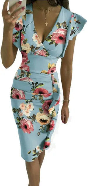 Mmoneyake Womens Ruffle Sleeve Dress Deep V Neck Ruffle Hem Work Pencil Sheath Dress Ruched Bodycon Mini Party Cocktail Dress