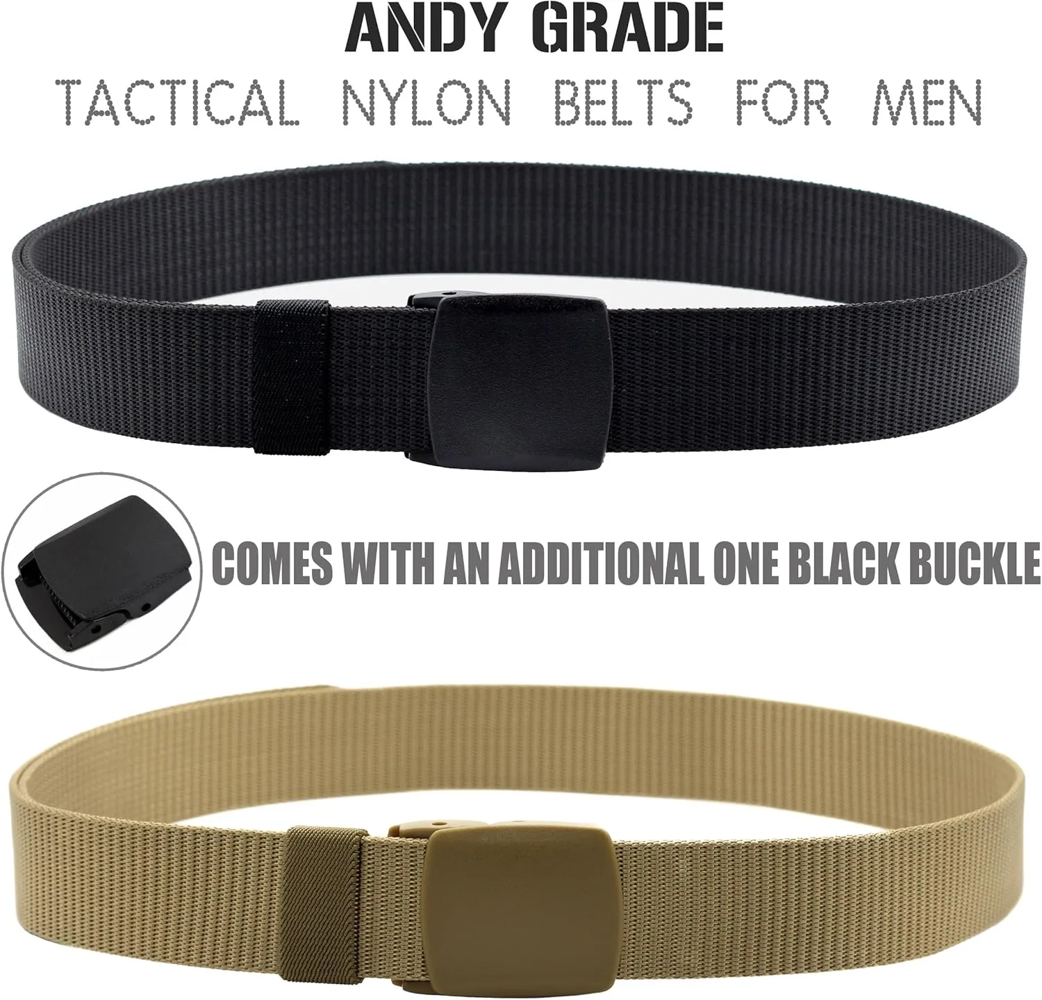 Nylon Tactical Military Men Belt Webbing Canvas Web Belts with Plastic Buckle No Metal Nickel Free, 2 Pack