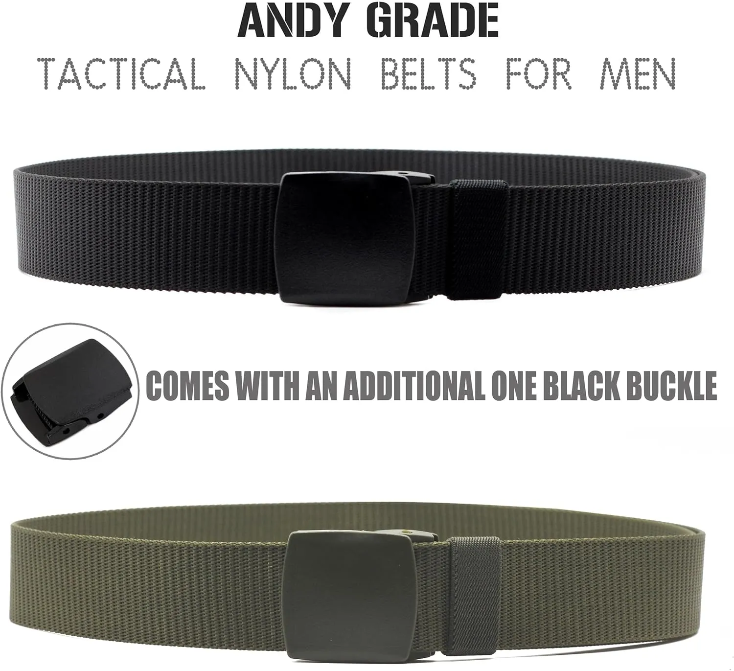 Nylon Tactical Military Men Belt Webbing Canvas Web Belts with Plastic Buckle No Metal Nickel Free, 2 Pack