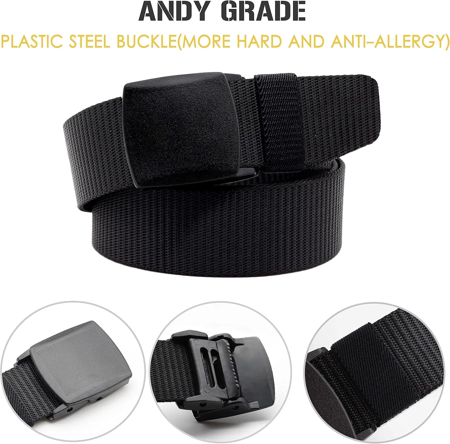 Nylon Tactical Military Men Belt Webbing Canvas Web Belts with Plastic Buckle No Metal Nickel Free, 2 Pack