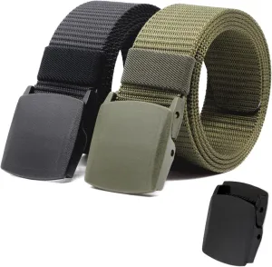 Nylon Tactical Military Men Belt Webbing Canvas Web Belts with Plastic Buckle No Metal Nickel Free, 2 Pack