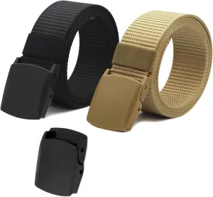 Nylon Tactical Military Men Belt Webbing Canvas Web Belts with Plastic Buckle No Metal Nickel Free, 2 Pack