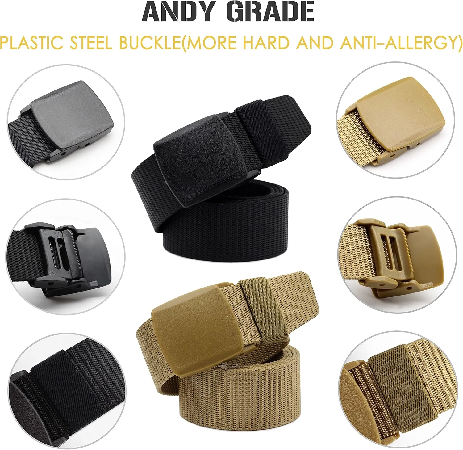 Nylon Tactical Military Men Belt Webbing Canvas Web Belts with Plastic Buckle No Metal Nickel Free, 2 Pack