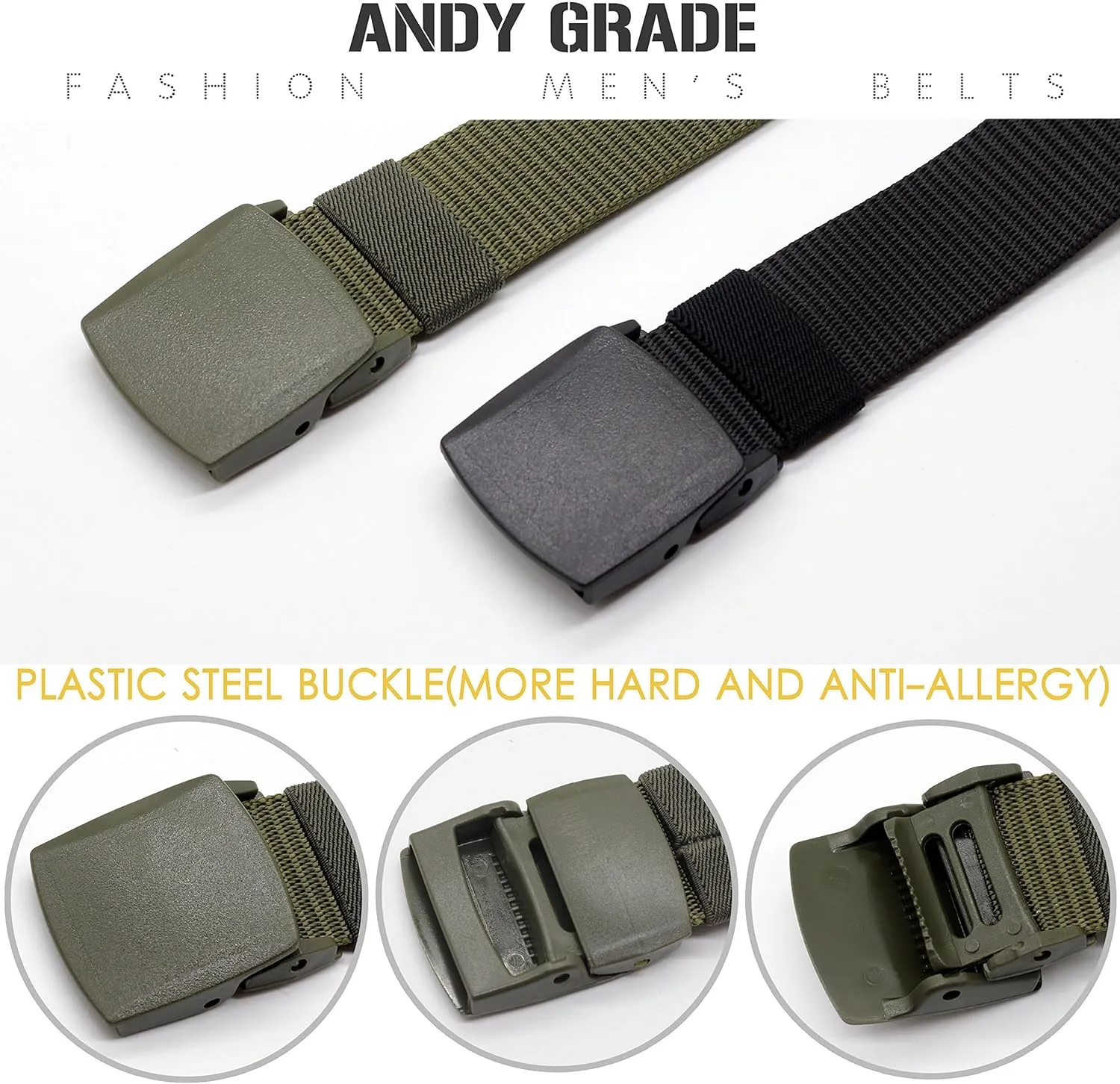 Nylon Tactical Military Men Belt Webbing Canvas Web Belts with Plastic Buckle No Metal Nickel Free, 2 Pack