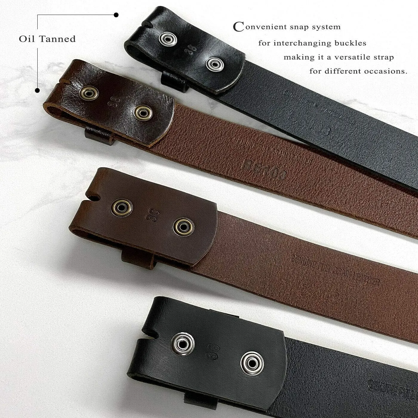 One Piece Full Grain Buffalo Leather Replacement Belt Strap 1-1/2" wide, Big and Tall Size Up to 60"