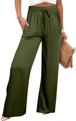 Pants for Women Loose Drawstring Elastic Waist Palazzo Pants Flowy Wide Leg Pant Casual Straight Leg Trousers for Beach
