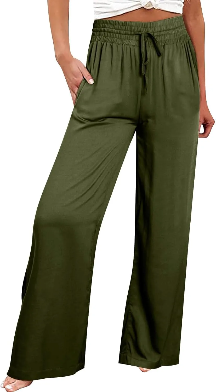 Pants for Women Loose Drawstring Elastic Waist Palazzo Pants Flowy Wide Leg Pant Casual Straight Leg Trousers for Beach