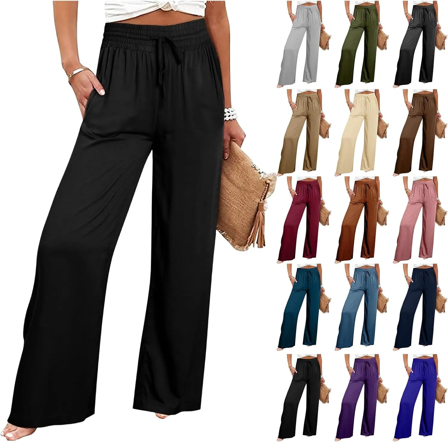 Pants for Women Loose Drawstring Elastic Waist Palazzo Pants Flowy Wide Leg Pant Casual Straight Leg Trousers for Beach
