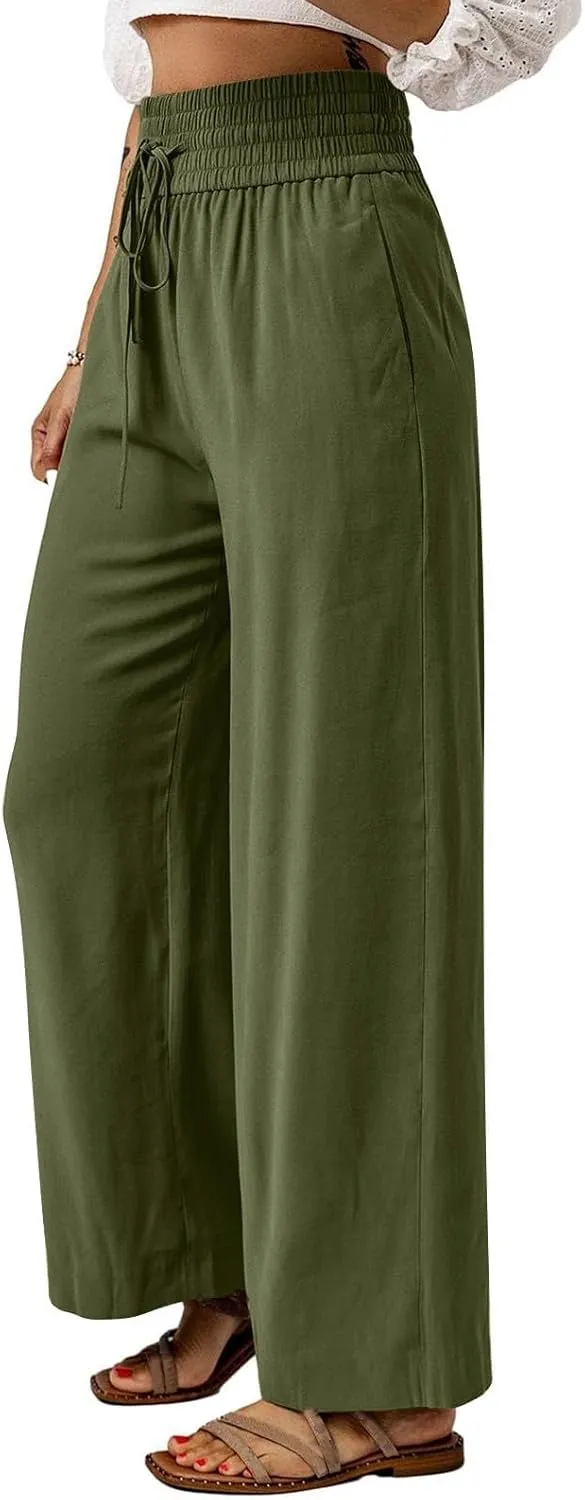 Pants for Women Loose Drawstring Elastic Waist Palazzo Pants Flowy Wide Leg Pant Casual Straight Leg Trousers for Beach