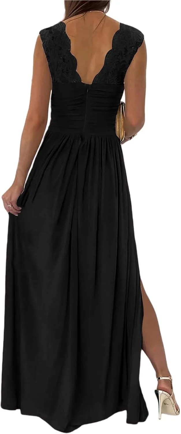 Party Dresses for Women Wrap Sleeveless Lace Strap Maxi Dress V-Neck Ruched Sexy Hem Slit Wedding Guest Dresses