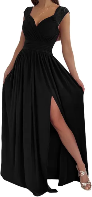 Party Dresses for Women Wrap Sleeveless Lace Strap Maxi Dress V-Neck Ruched Sexy Hem Slit Wedding Guest Dresses