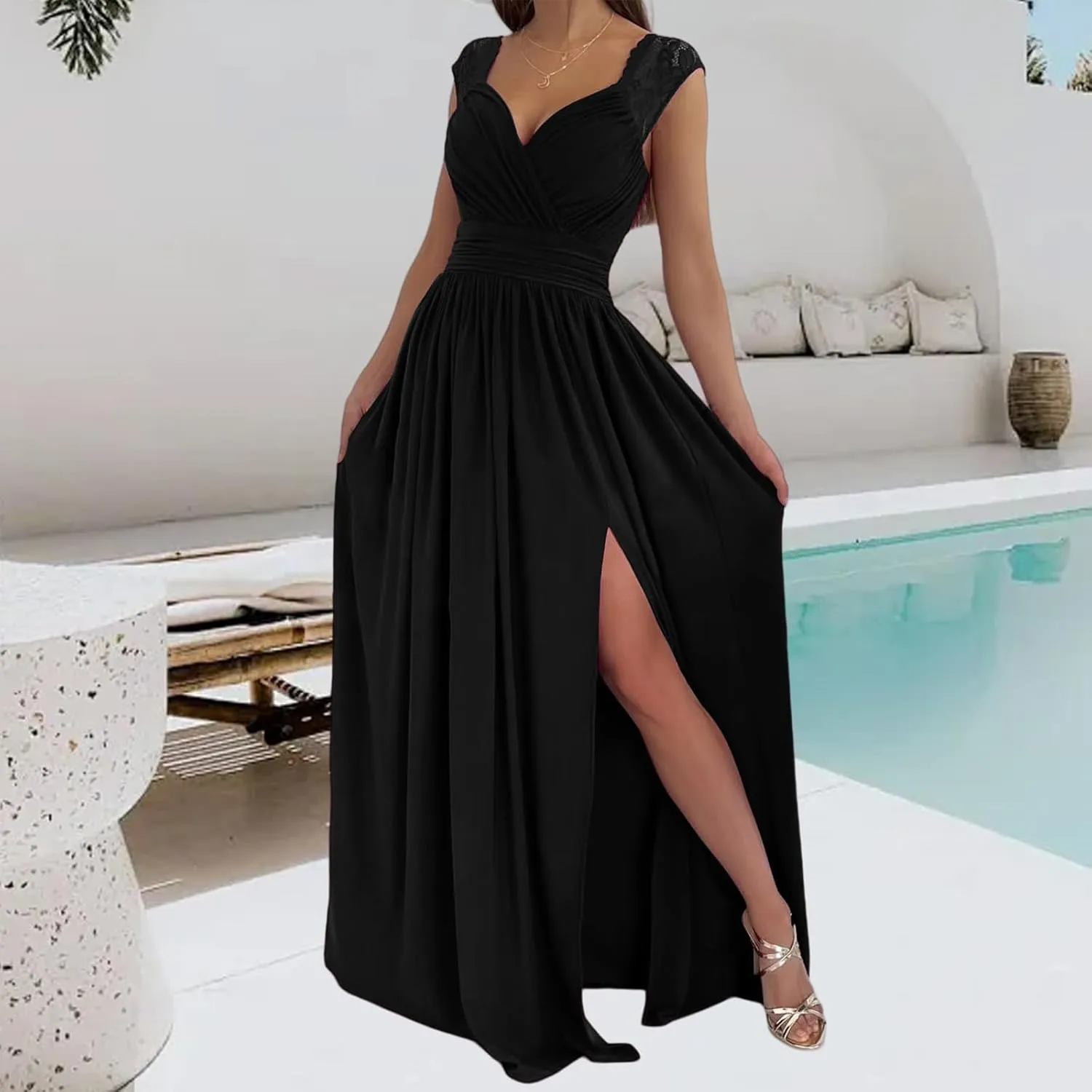 Party Dresses for Women Wrap Sleeveless Lace Strap Maxi Dress V-Neck Ruched Sexy Hem Slit Wedding Guest Dresses