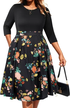 Pinup Fashion Plus Size Work Dresses - Fall Church Office Semi Formal Fit and Flare Midi Dress with Pockets