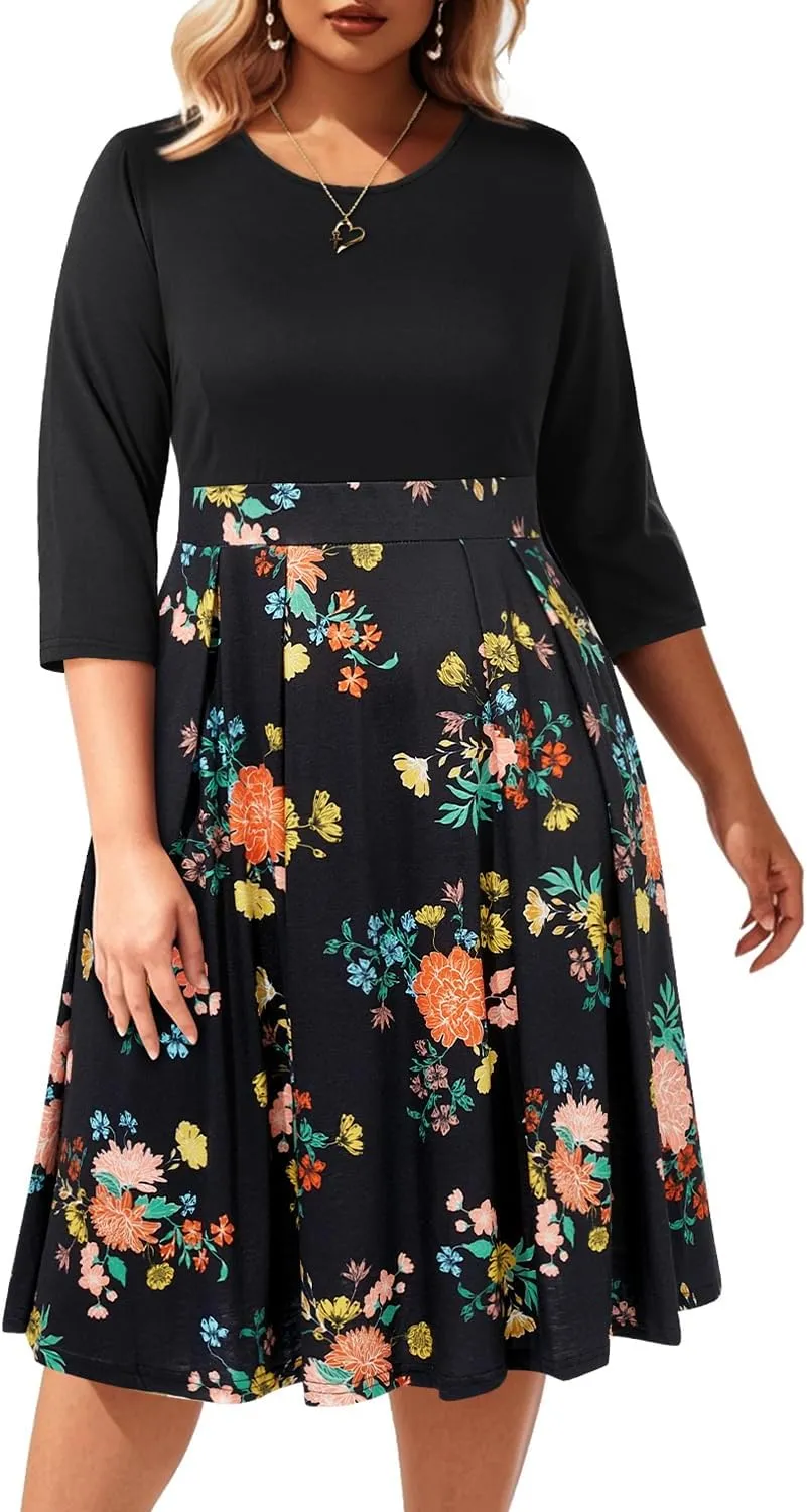 Pinup Fashion Plus Size Work Dresses - Fall Church Office Semi Formal Fit and Flare Midi Dress with Pockets