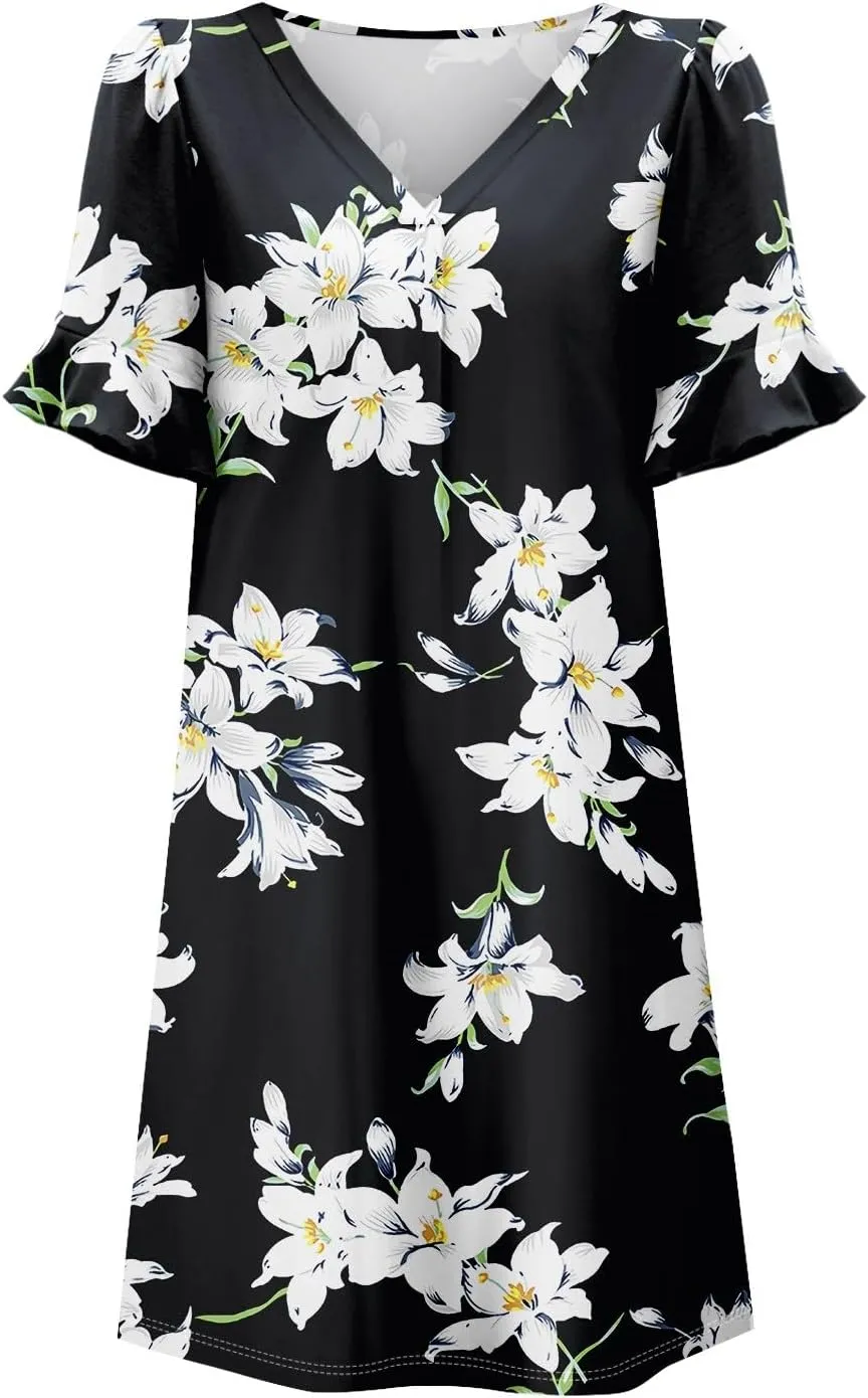Plus Size Easter Dresses for Curvy Women Summer Casual Shift Ruffle V Neck Short Sleeve Beach Dress with Pockets