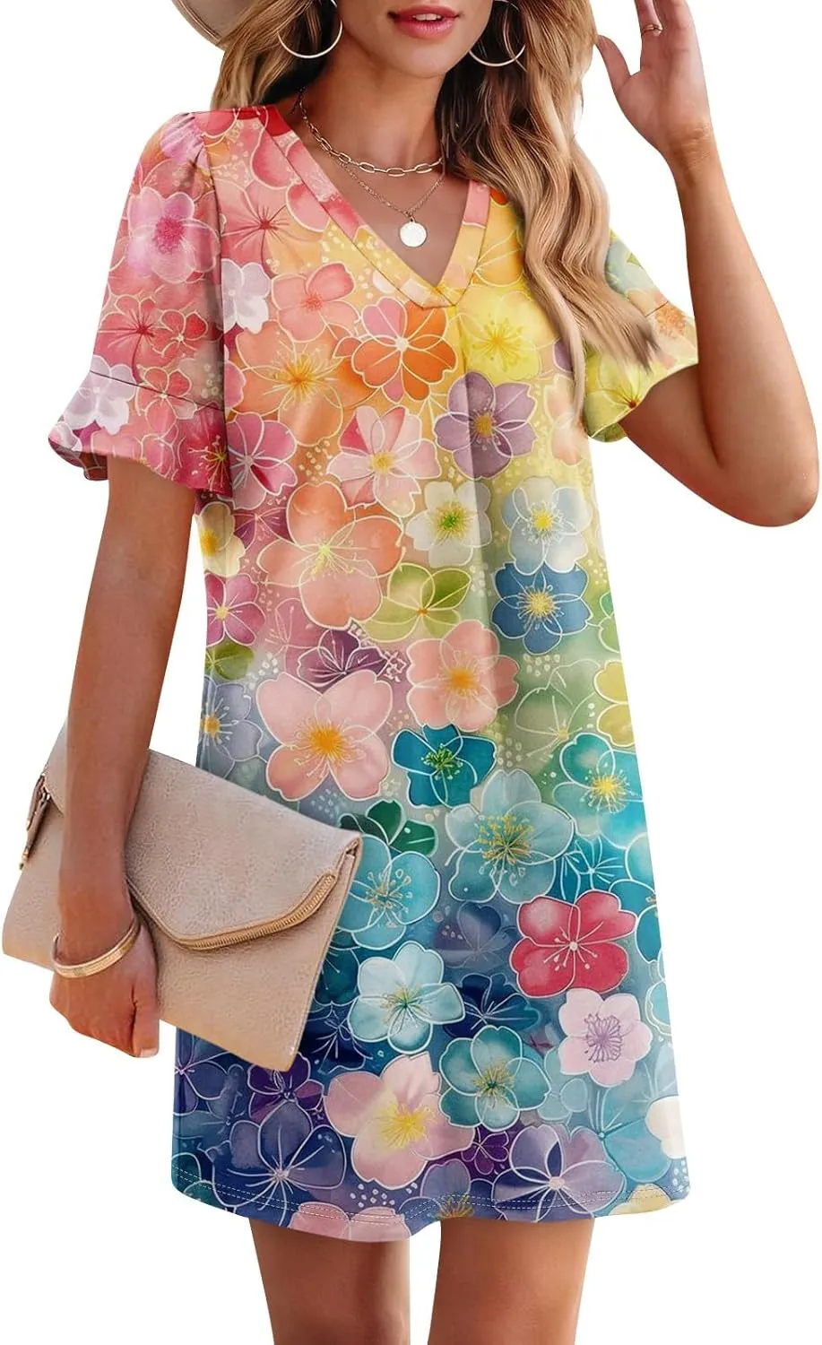 Plus Size Easter Dresses for Curvy Women Summer Casual Shift Ruffle V Neck Short Sleeve Beach Dress with Pockets