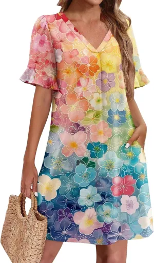 Plus Size Easter Dresses for Curvy Women Summer Casual Shift Ruffle V Neck Short Sleeve Beach Dress with Pockets