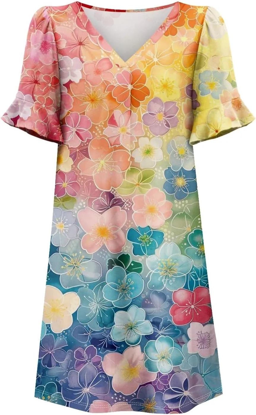 Plus Size Easter Dresses for Curvy Women Summer Casual Shift Ruffle V Neck Short Sleeve Beach Dress with Pockets
