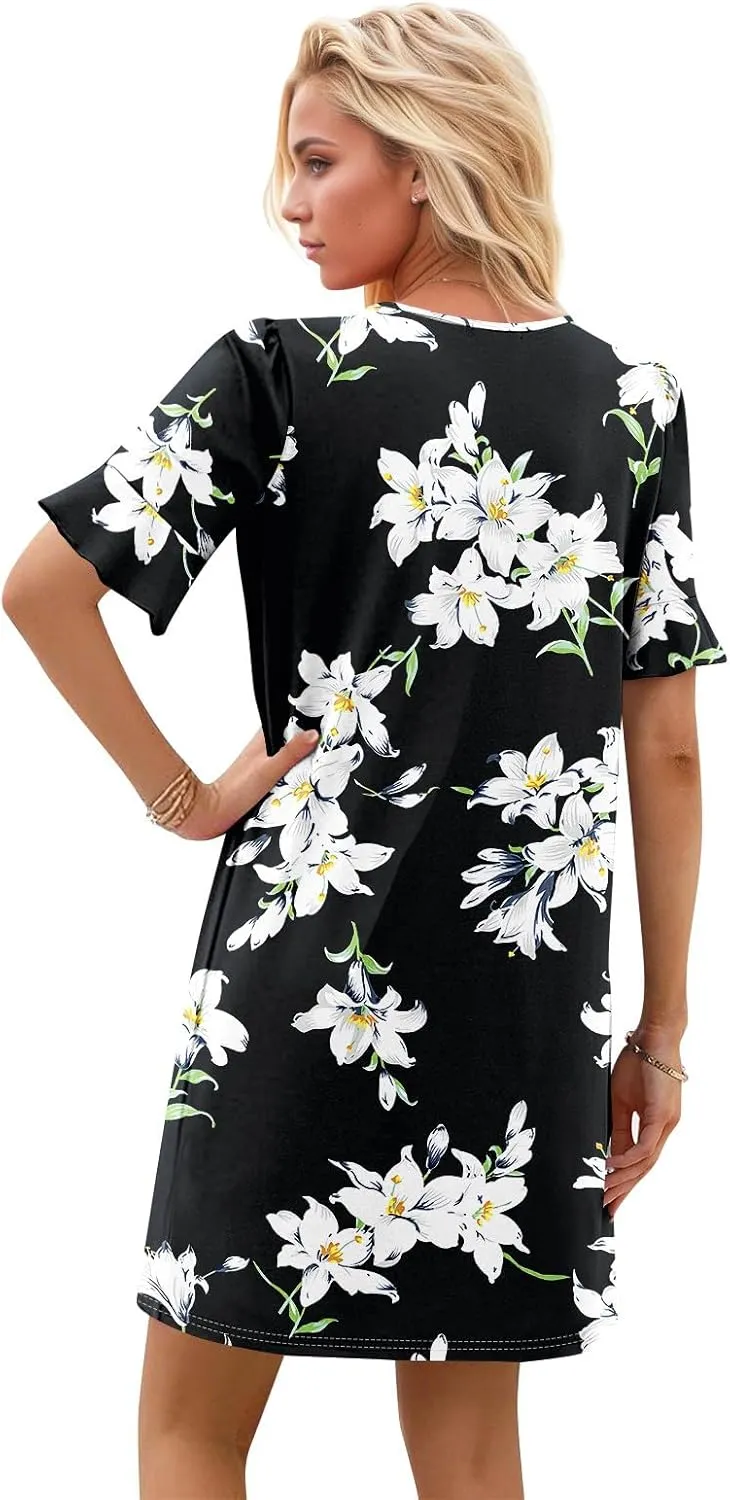 Plus Size Easter Dresses for Curvy Women Summer Casual Shift Ruffle V Neck Short Sleeve Beach Dress with Pockets