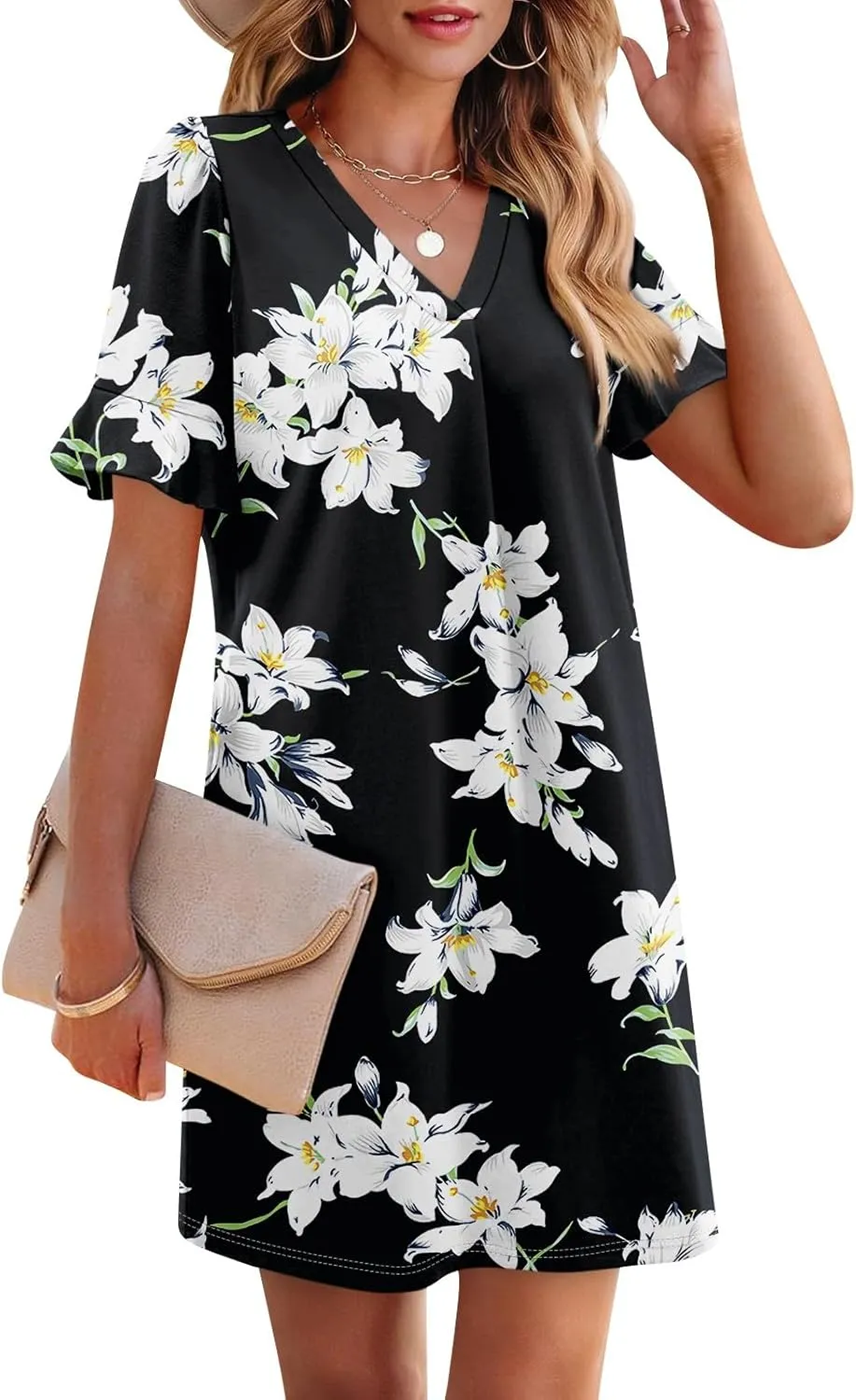 Plus Size Easter Dresses for Curvy Women Summer Casual Shift Ruffle V Neck Short Sleeve Beach Dress with Pockets