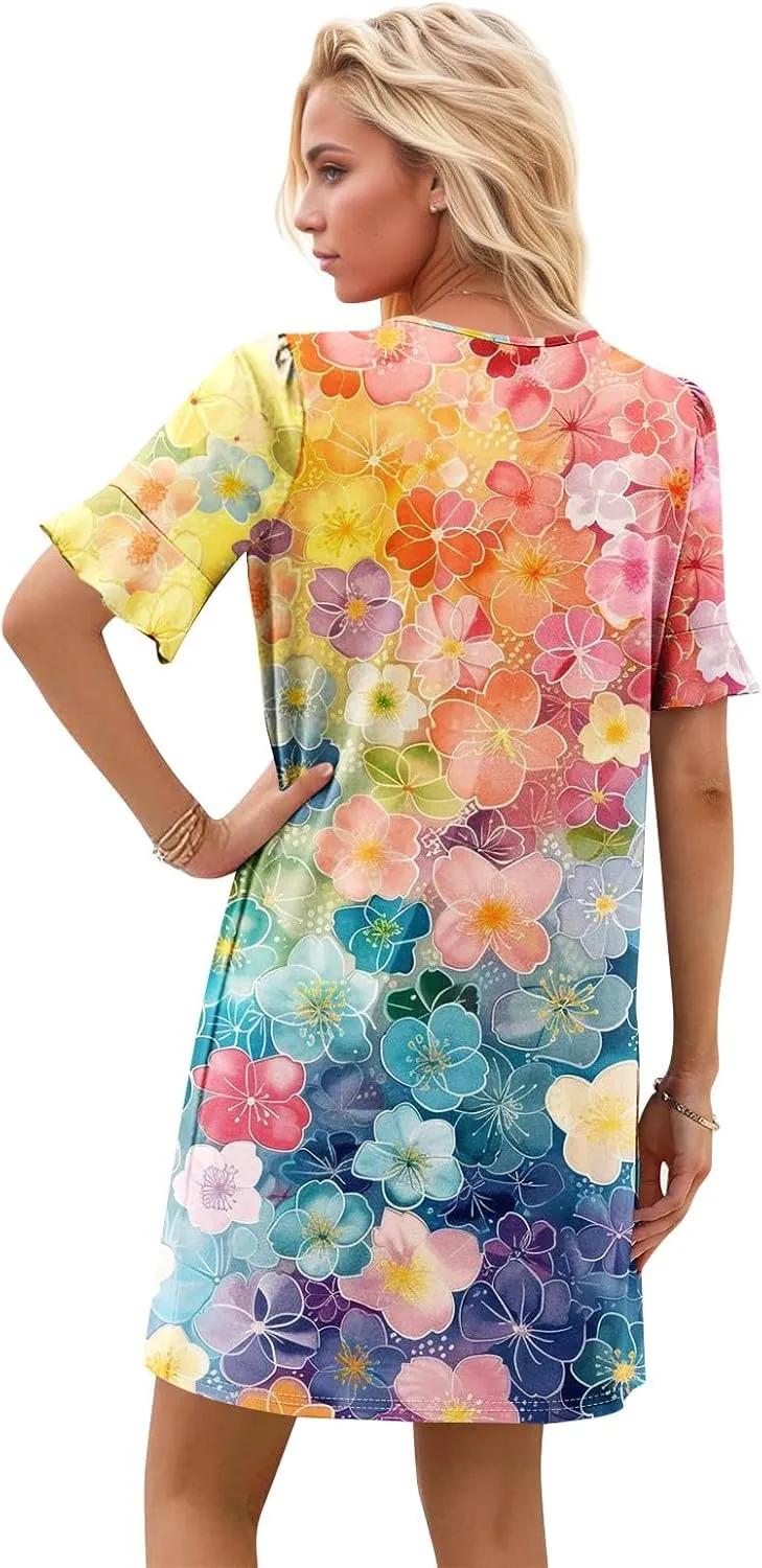 Plus Size Easter Dresses for Curvy Women Summer Casual Shift Ruffle V Neck Short Sleeve Beach Dress with Pockets
