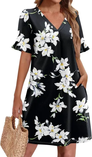 Plus Size Easter Dresses for Curvy Women Summer Casual Shift Ruffle V Neck Short Sleeve Beach Dress with Pockets
