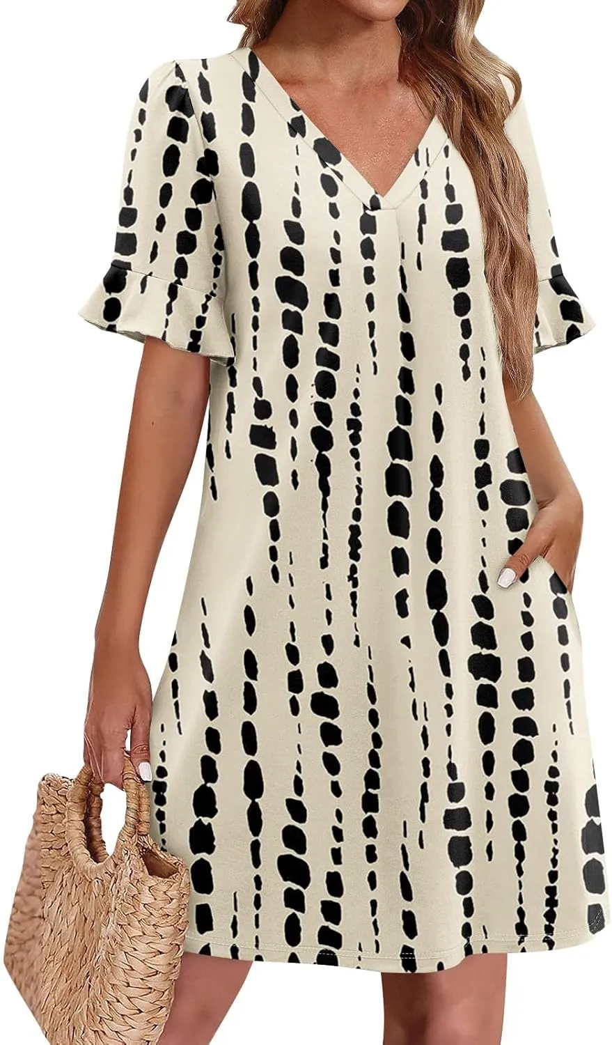 Plus Size Easter Dresses for Curvy Women Summer Loose Shift Ruffle V Neck Short Sleeve Beach Dress with Pockets