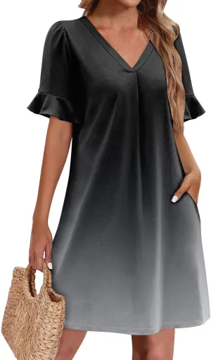 Plus Size Easter Dresses for Curvy Women Summer Loose Shift Ruffle V Neck Short Sleeve Beach Dress with Pockets