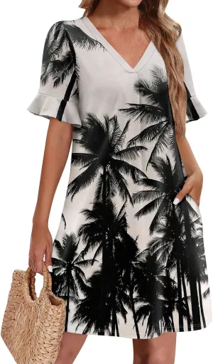 Plus Size Easter Dresses for Curvy Women Summer Loose Shift Ruffle V Neck Short Sleeve Beach Dress with Pockets