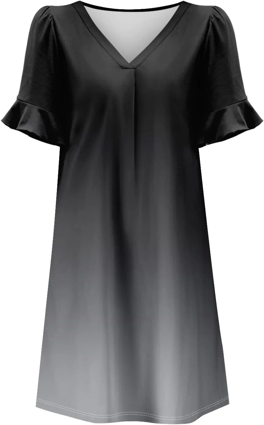 Plus Size Easter Dresses for Curvy Women Summer Loose Shift Ruffle V Neck Short Sleeve Beach Dress with Pockets