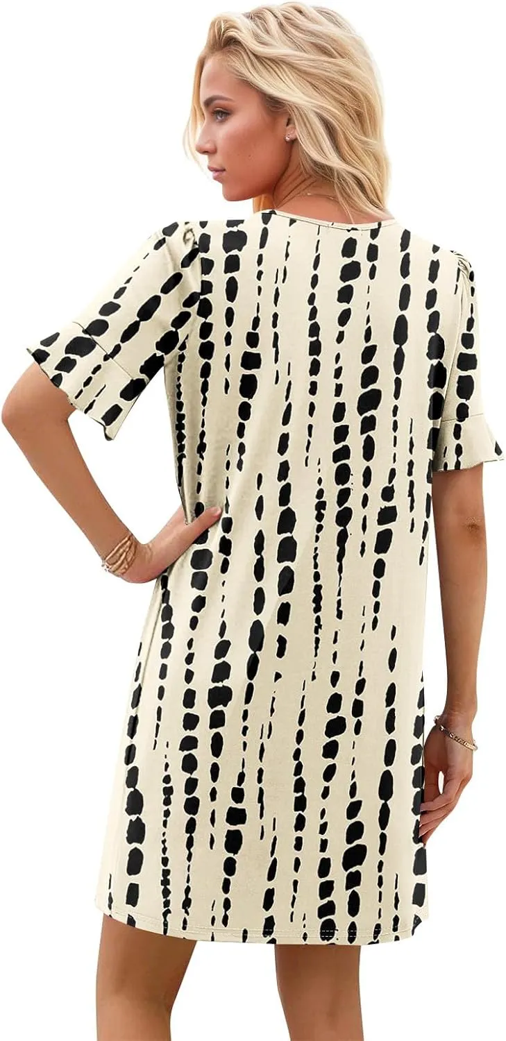 Plus Size Easter Dresses for Curvy Women Summer Loose Shift Ruffle V Neck Short Sleeve Beach Dress with Pockets